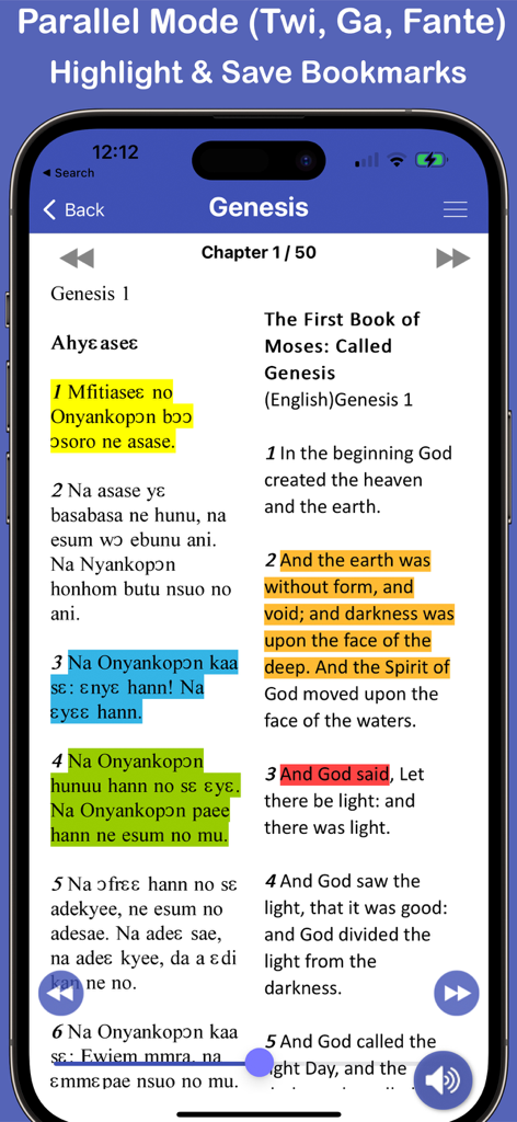 Twi and English Bible parallel reading mode with highlighted verses