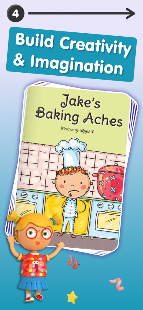 Promotional screen for Bedtime Stories Books for Kids showing a book cover titled Jakes Baking Aches under the text Build Creativity and Imagination.