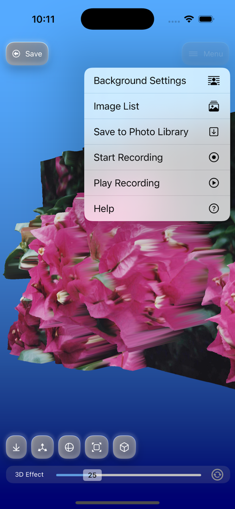 Image 3D Conversion  - Auteps - Interface of Auteps app showing menu options and 3D effect slider on a pink flower photo