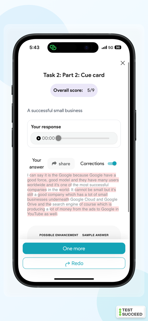 IELTS Practice & Mock Tests - Pantalla de práctica de expresión oral IELTS que muestra una puntuación de respuesta de tarjeta de señalización y correcciones de texto