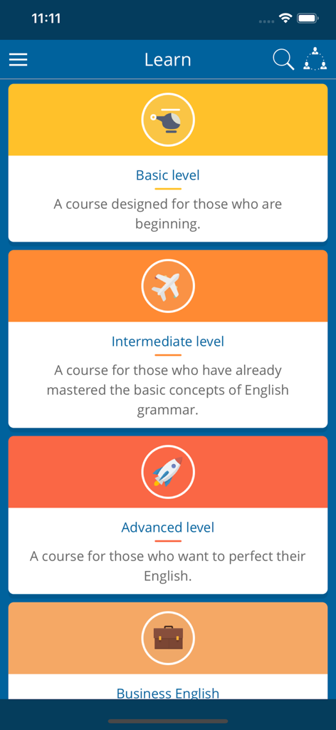 English Course - Learn English - Mobile app screen showing four English language learning levels categorized as basic intermediate advanced and business english with colorful icons