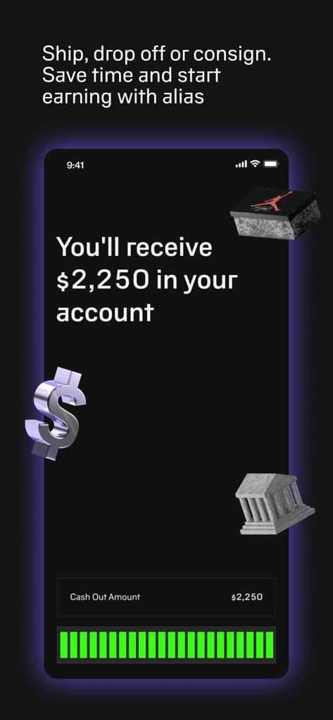 Alias app screen showing a cash out balance from selling sneakers