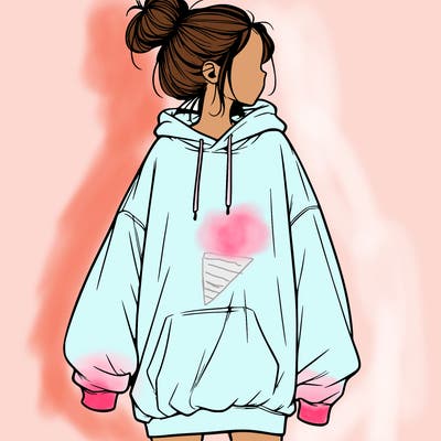 realistic girl with a oversized sweatshirt on and a bun