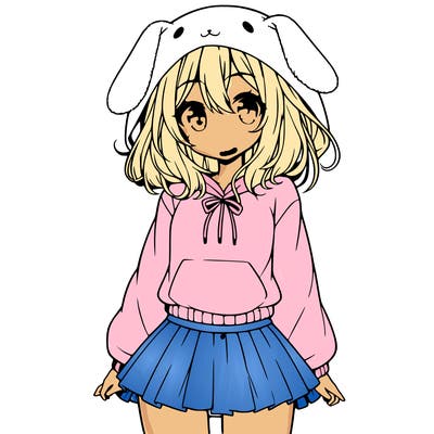 pretty anime girl wearing a fluffy hoodie with bunny ears on the hood and a skirt