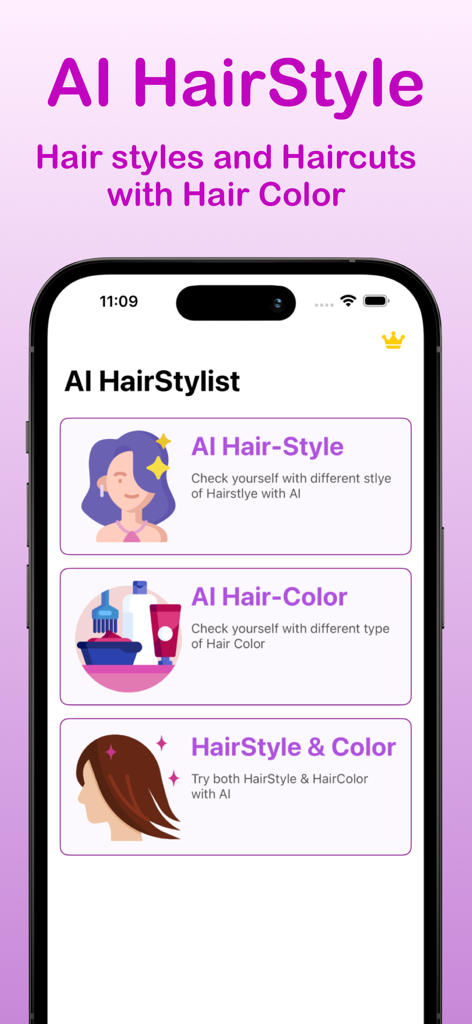 Haircut AI - Change Hair Color - Main menu of Haircut AI app showing options for hairstyle and color transformations