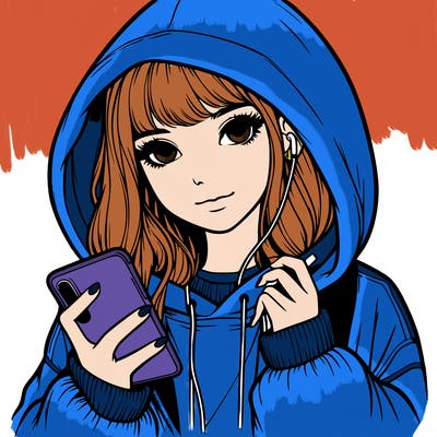 realistic girl with oversized hood and holding a phone