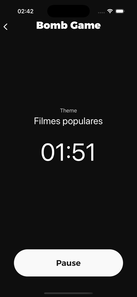 A screenshot of the Bomb Game mode in the Fakeit app featuring a countdown timer set at 01:51 with a pause button on a black background