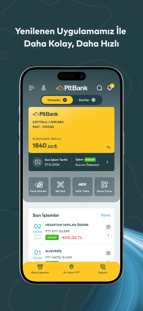 Home screen of the PTTBank mobile app showing account balance and recent transactions in Turkish