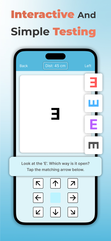 Eye Test & Exercises :Vision 7 - Interfaz de la aplicación Vision 7 mostrando un examen de tabla optométrica E Giratoria con flechas direccionales interactivas