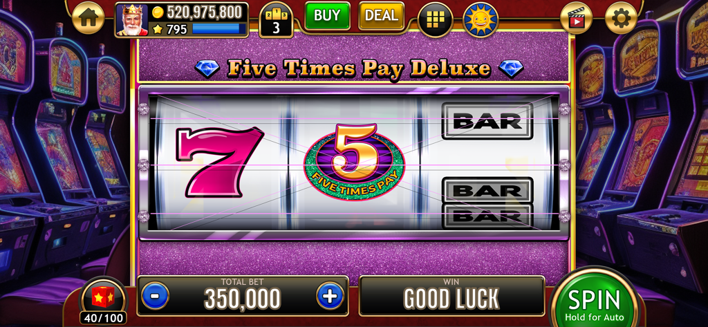 777 Classic Slots Galaxy - Classic three reel slot machine interface in 777 Classic Slots Galaxy showing seven and bar symbols