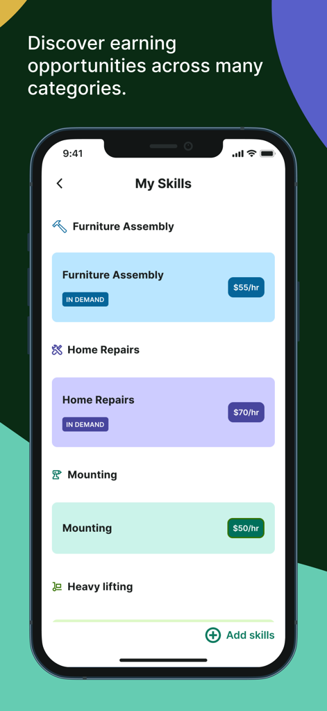 Interface of the Tasker app showing different service categories and hourly rates for taskers