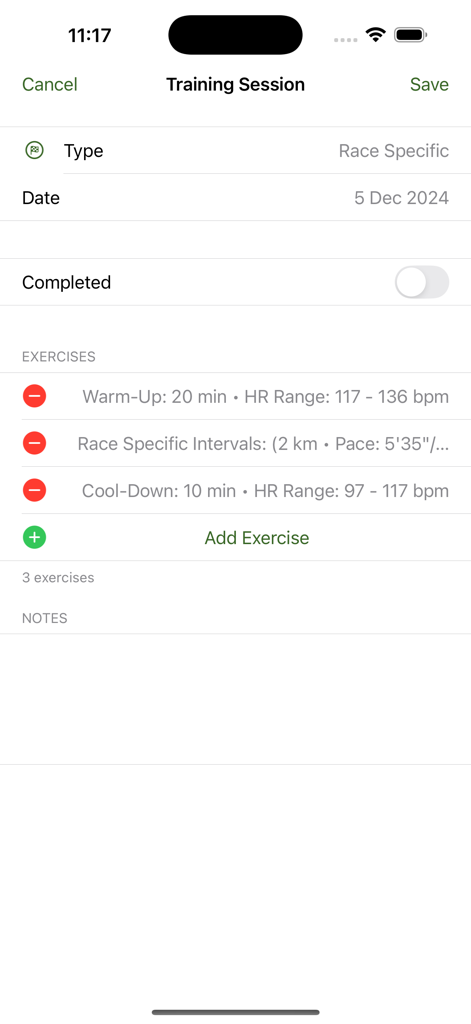 Eine Trainingssitzungsanzeige in der Mein Lauftracker-App mit benutzerdefinierten Intervallen für Aufwärm- und rennspezifische Übungen