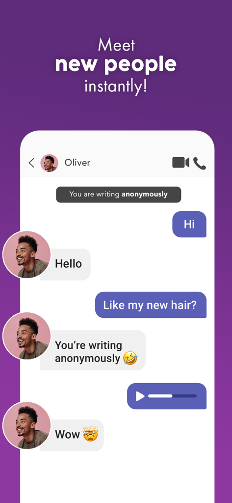 Connected2.me app interface showing an anonymous chat conversation between two users