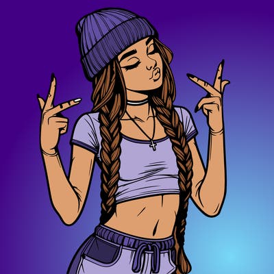 realistic teenage girl with braids and a beanie and crop top doing 🫶🏼