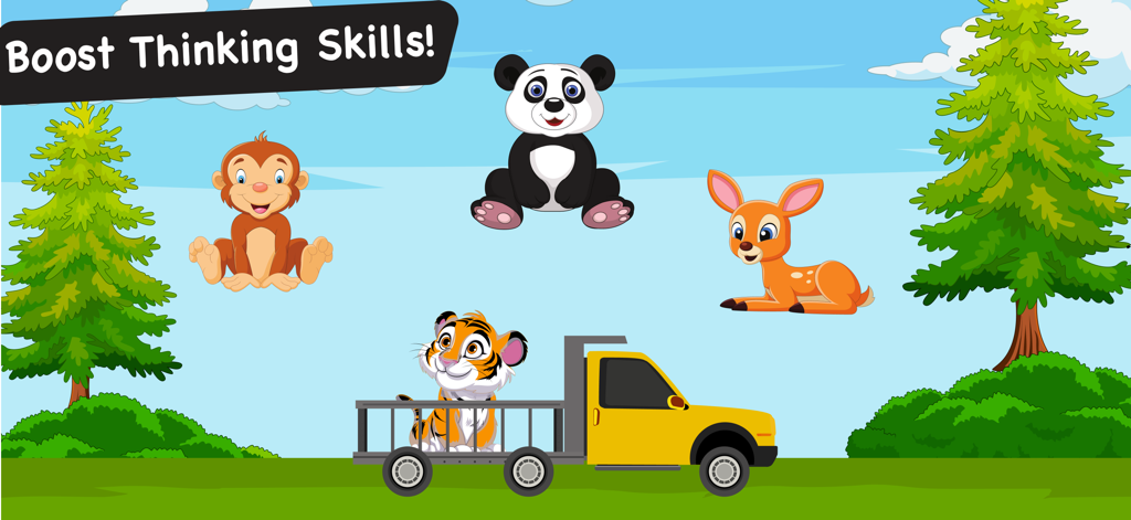 Cartoon tiger in a yellow truck with a panda, monkey, and deer in a bright landscape with the text boost thinking skills
