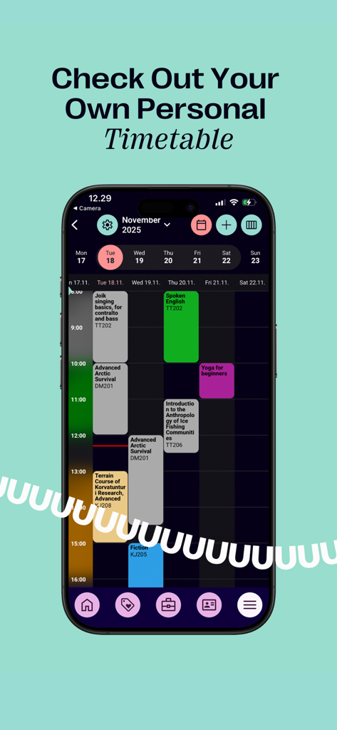 Smartphone screen displaying the Tuudo app personal timetable feature with a weekly class schedule