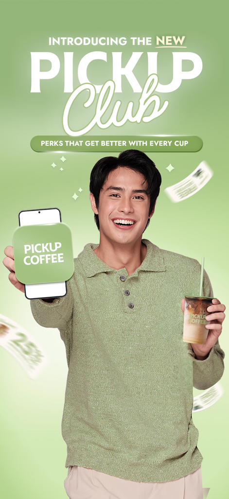 PICKUP COFFEE - A young man smiling while holding a smartphone with the PICKUP COFFEE app and a cup of iced coffee.