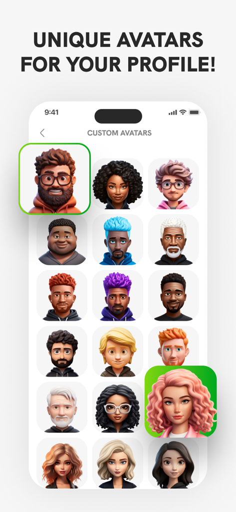 Eine Vielzahl von verschiedenen 3D-Benutzeravataren für die Benutzeroberfläche der Dual Messenger App.
