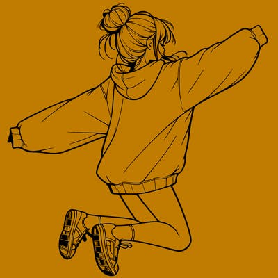 realistic girl jumping with a bun and oversized sweatshirt