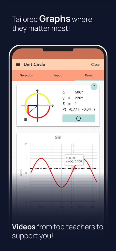 Math for Middle & High School - Una pantalla de móvil que muestra un círculo unitario y un gráfico de onda sinusoidal dentro de una aplicación de aprendizaje de matemáticas.