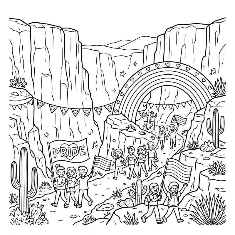 Embark on a joyful coloring journey through a vibrant box canyon filled with Pride Month celebrations. This charming page for kids features happy children, rainbows, and festive flags, perfect for imaginative young artists.