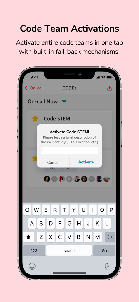 Hypercare-Messaging & On-Call - Hypercare app interface showing a Code STEMI team activation popup with a text input for incident details.