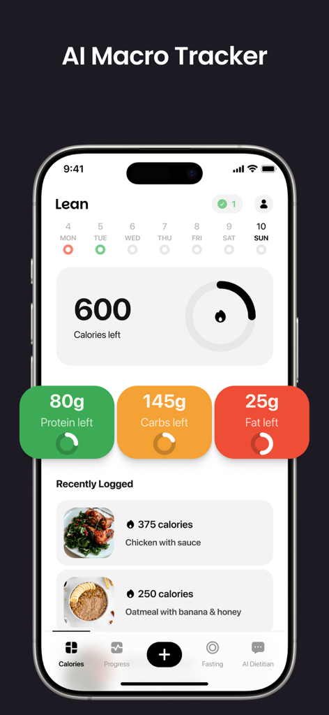 Lean: AI Macro Tracker - Lean AI Macro Tracker dashboard showing calories left and daily macro targets for protein carbs and fat