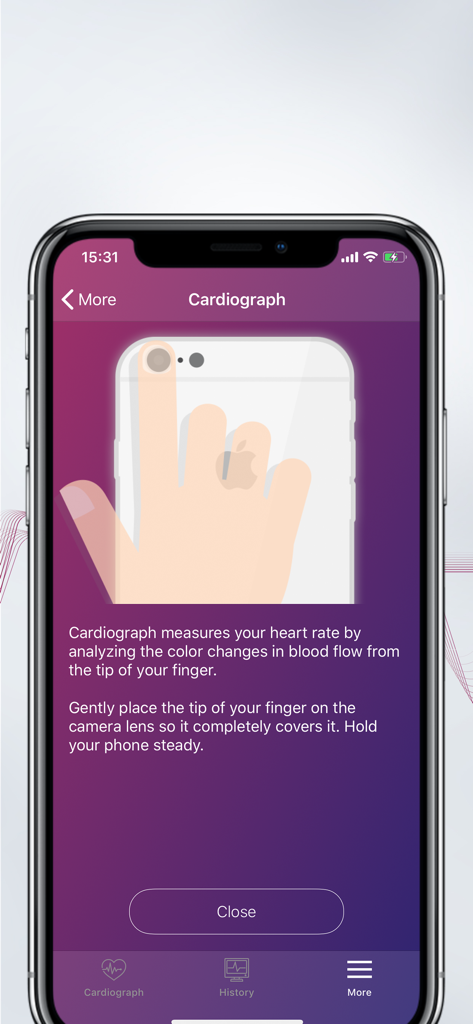 Graphic illustration on a mobile screen showing a finger covering a smartphone camera lens to measure heart rate with the Cardiograph app