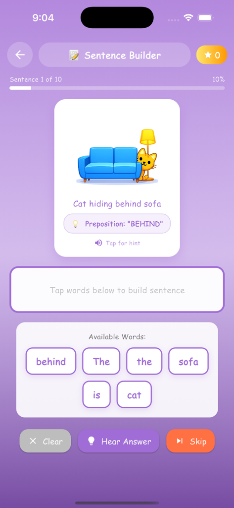 Kids Academy - Learn and Play - Actividad de construcción de oraciones en la aplicación Kids Academy que enseña a los niños a usar preposiciones como 'detrás' con palabras interactivas e ilustraciones.