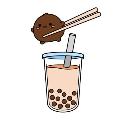 a baby mochi in chop sticks and boba tea