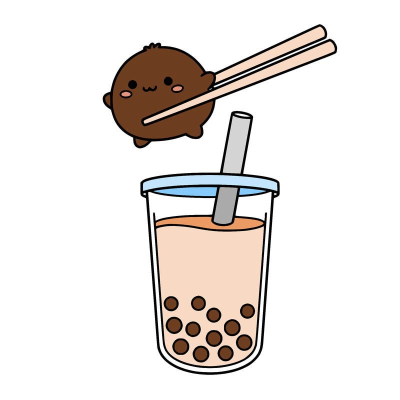 a baby mochi in chop sticks and boba tea
