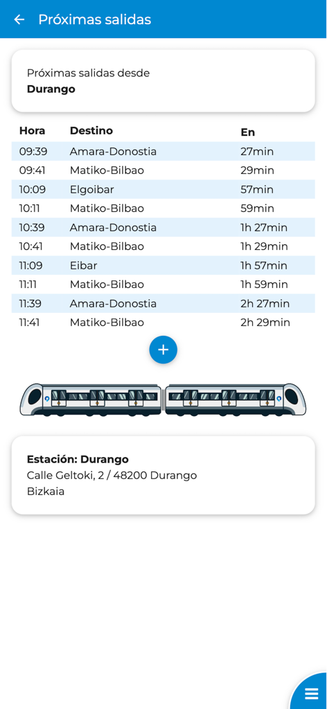Euskal Tren, Metro y Tranvía - Horarios de salida de trenes en tiempo real desde la estación de Durango en la aplicación Euskal Tren