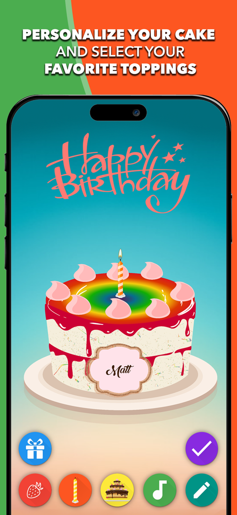 A personalized digital birthday cake with a rainbow center, pink toppings, and a lit candle.