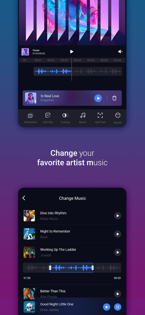 Slideshow Maker With Music ‣ - Interfaz para elegir y recortar música para un video de presentación de fotos