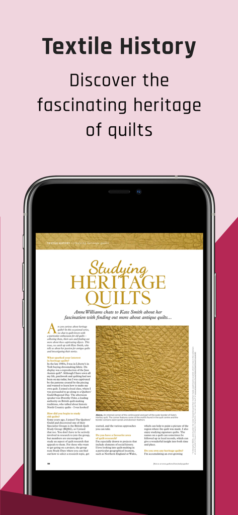 A digital article from Today's Quilter Magazine titled Studying Heritage Quilts displayed on a smartphone