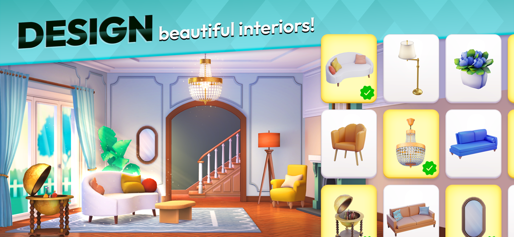 Makeover Match - Swap & Style - Uma cena de design de interiores de sala de estar no jogo mobile Makeover Match mostrando várias opções de móveis