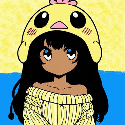 anime girl with chick shaped hat with sweater with bare shoulders with bangs covering them one eye with low tail