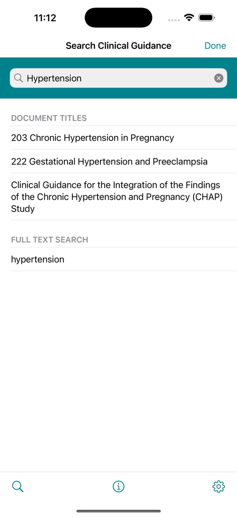 ACOG - ACOG mobile app interface showing clinical guidance search results for hypertension in pregnancy