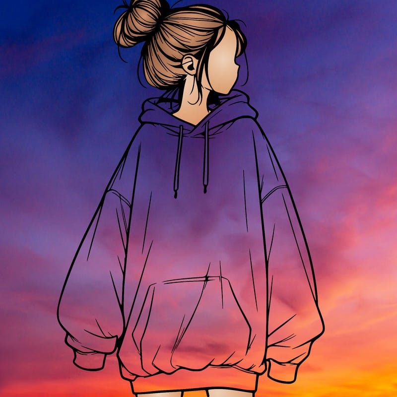 realistic girl with a oversized sweatshirt on and a bun