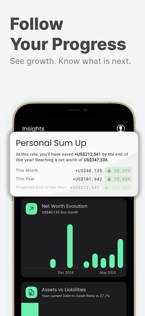 Personal finance app dashboard showing net worth growth trends and financial projections.