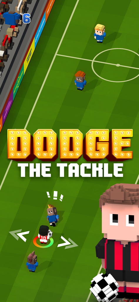 Blocky Soccer - Gameplay of Blocky Soccer showing a voxel character dodging a tackle on a green field.