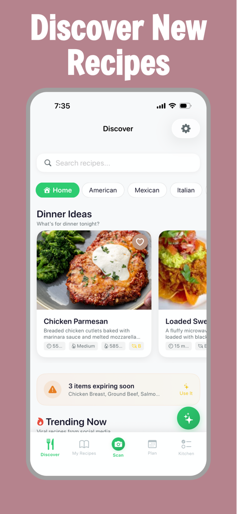 The RecipeScan app interface showing a discover recipes page with dinner ideas and a notification for expiring ingredients.