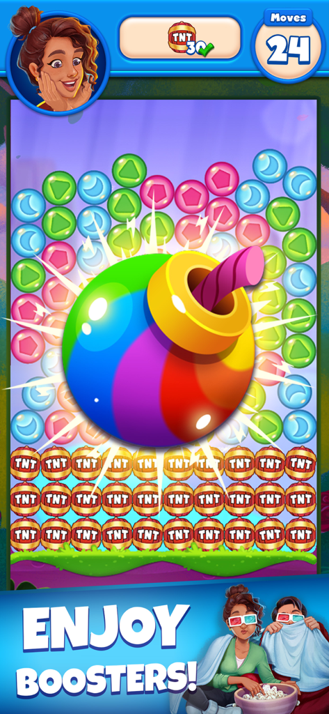 Joy Blast - A large rainbow colored bomb booster exploding over a puzzle grid with colorful bubbles and TNT barrels in Joy Blast