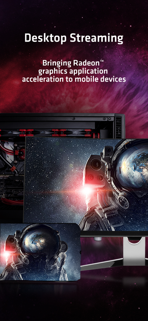 AMD Link app showcasing desktop game streaming from a Radeon PC to a mobile tablet.