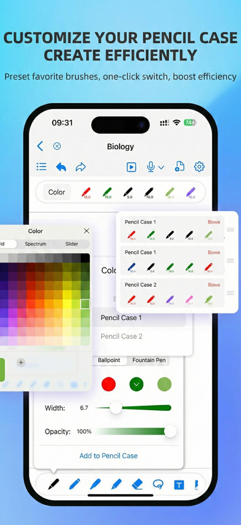 OrigNotes app interface showing customizable pencil cases and color palette for digital note taking