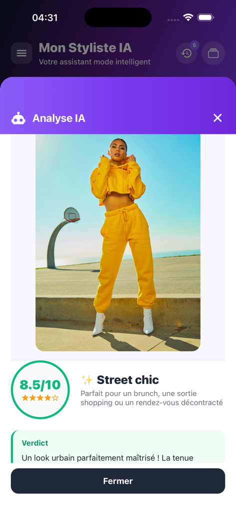 My Inventory AI - AI stylist interface in My Inventory AI app providing a fashion score and style analysis for a yellow outfit.