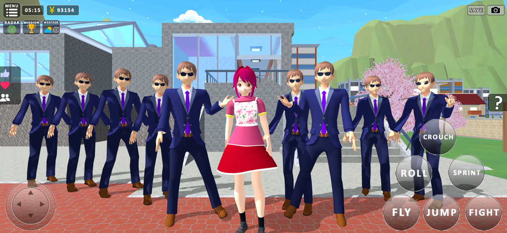 Ein Anime-Mädchen in einem rosa Kleid, umgeben von Männern in Anzügen auf einem Schulgelände