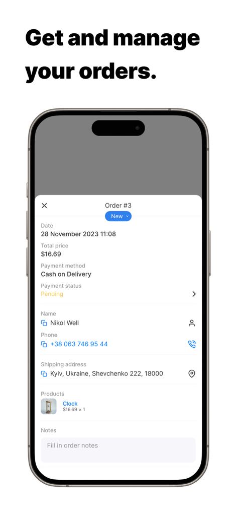 Link In Bio Websites - Mssg.me - A mobile app interface displaying detailed order information including customer name, shipping address, and payment status
