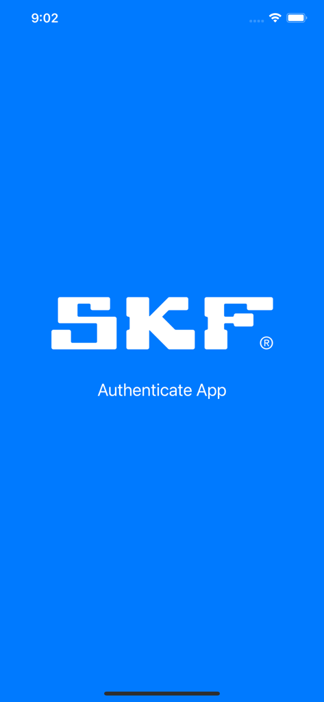 La pantalla de inicio de la aplicación SKF Authenticate que muestra el logotipo blanco de SKF sobre un fondo azul sólido