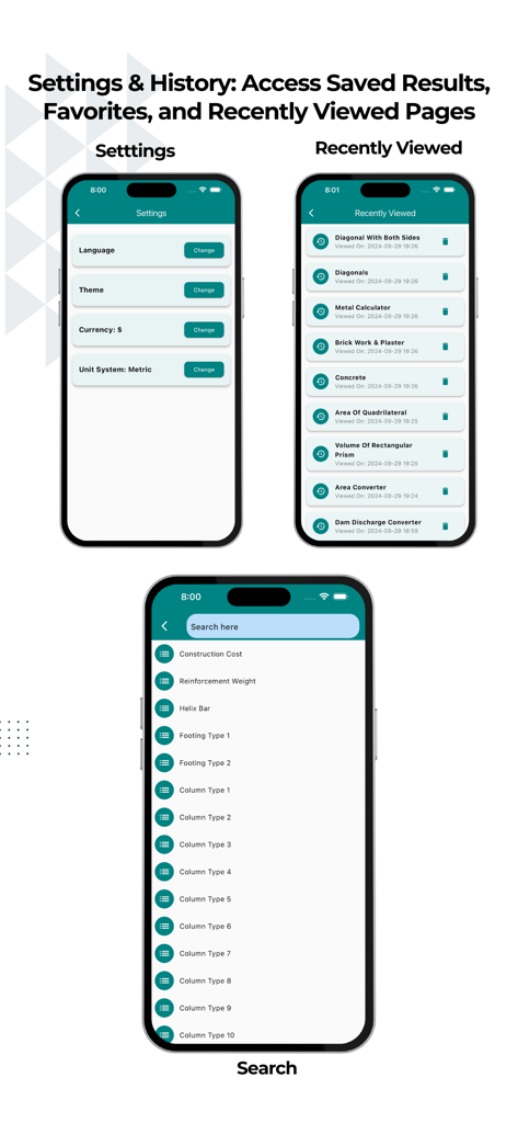 Construction Calculator A1 Pro - Screenshots of the construction calculator app showing settings for units and currency, a recently viewed history list, and a search interface for calculation categories.